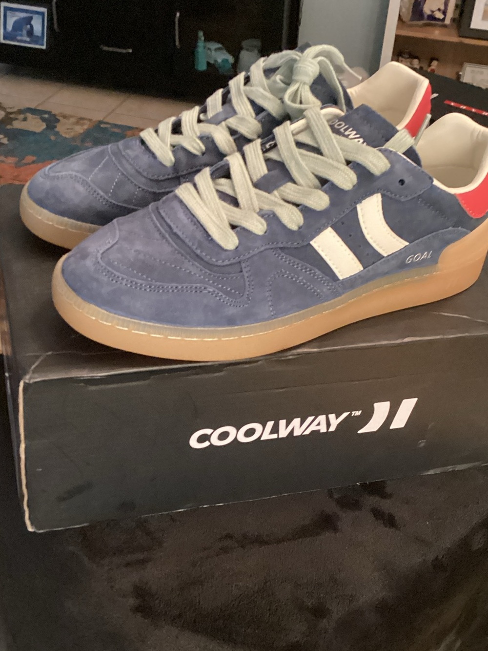 Coolway Men’s Blue Suede Retro Trainer with White Stripes and Red Heel